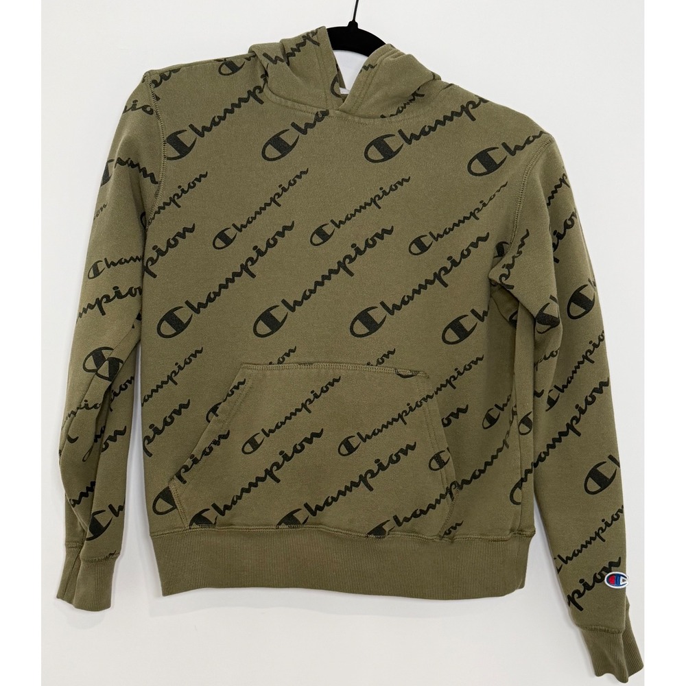 Champion Youth XL All Over Logo Pullover Hoodie Olive Green Black